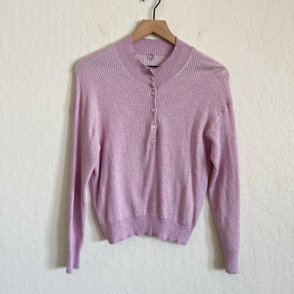 Margaret O’Leary 100% Cotton Waffle Knit Button Up Henley Sweater Top XS Purple